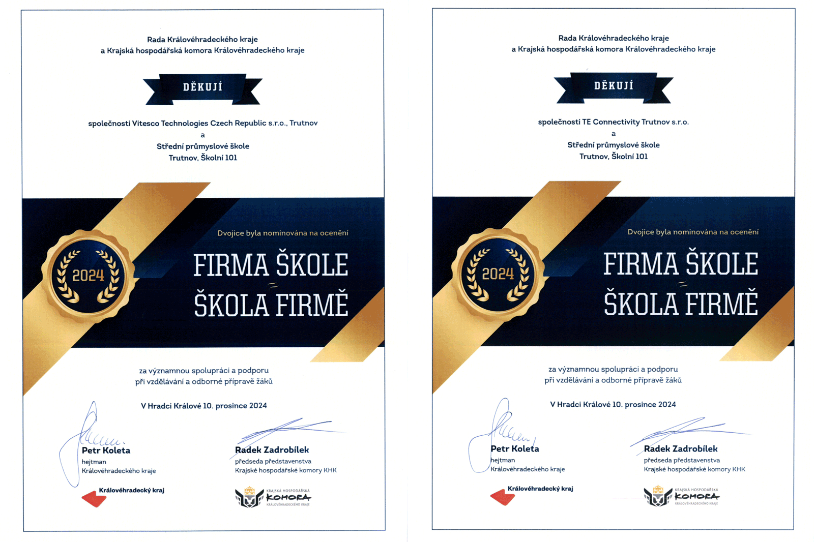 Ocenění školy v rámci projektu „Firma škole a škola firmě“