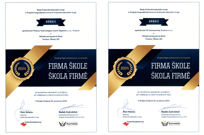 Ocenění školy v rámci projektu „Firma škole a škola firmě“